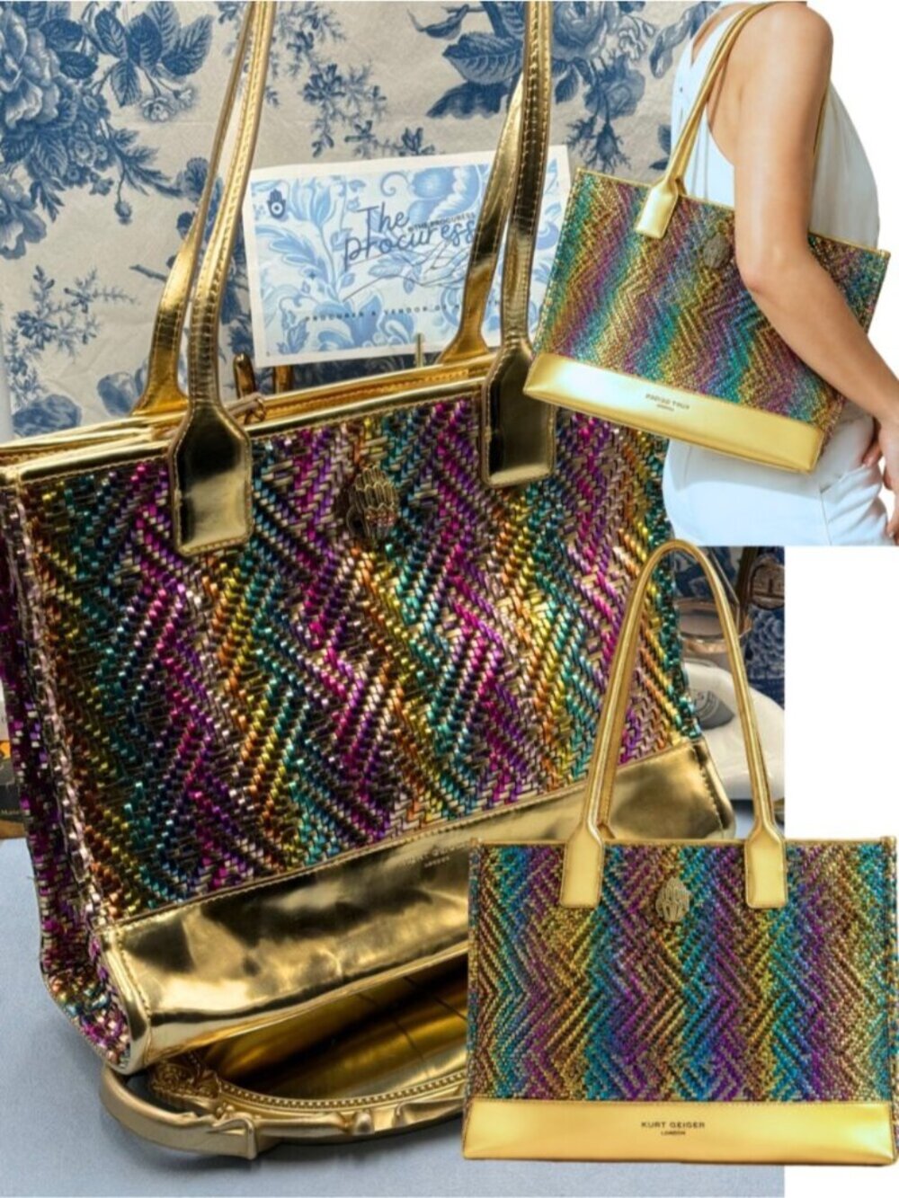 🆕 KURT GEIGER LONDON 🧿 NWOT SM Kensington Square Shopper Tote Metallic Rainbow